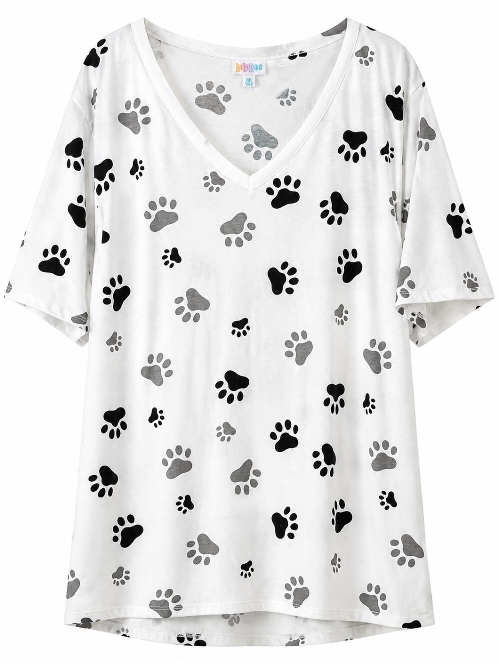 LuLaRoe White Black Paw Print V-neck Short Sleeve Tee Size 2XL